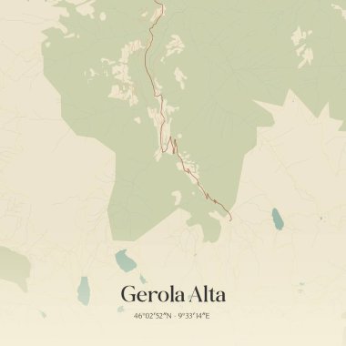 Gerola Alta 'nın klasik duvar haritası, Lombardia, İtalya' da. Ormanlar, yollar, şehirler, göller ve nehirlerle ilgili hava planı.