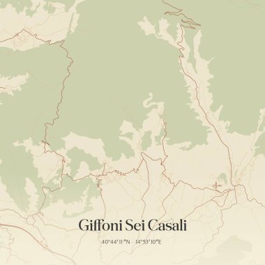 İtalya, Campania 'da bulunan Giffoni Sei Casali' nin klasik duvar haritası. Ormanlar, yollar, şehirler, göller ve nehirlerle ilgili hava planı.