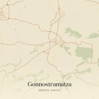 Sardegna, İtalya 'da bulunan Gonnostramatza' nın klasik duvar sanat haritası. Ormanlar, yollar, şehirler, göller ve nehirlerle ilgili hava planı.