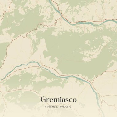 Piemonte, İtalya 'da bulunan Gremiasco' nun klasik duvar sanat haritası. Ormanlar, yollar, şehirler, göller ve nehirlerle ilgili hava planı.