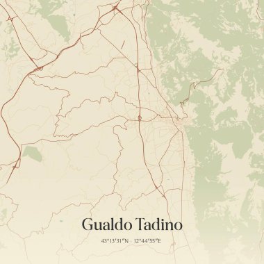 Vintage wall art map of Gualdo Tadino, located in Umbria, Italy. Aerial plan with forests, roads, cities, lakes and rivers. clipart