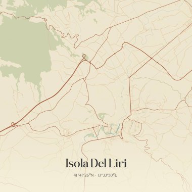 Lazio, İtalya 'da bulunan Isola Del Liri' nin klasik duvar sanat haritası. Ormanlar, yollar, şehirler, göller ve nehirlerle ilgili hava planı.