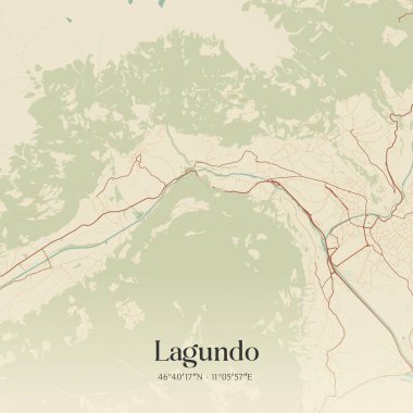 İtalya 'nın Trentino-Alto Adige kentinde bulunan Lagundo' nun klasik duvar sanat haritası. Ormanlar, yollar, şehirler, göller ve nehirlerle ilgili hava planı.