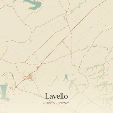 Lavello 'nun klasik duvar sanat haritası, Basilicata, İtalya' da. Ormanlar, yollar, şehirler, göller ve nehirlerle ilgili hava planı.