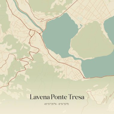 Vintage wall art map of Lavena Ponte Tresa, located in Lombardia, Italy. Aerial plan with forests, roads, cities, lakes and rivers. clipart