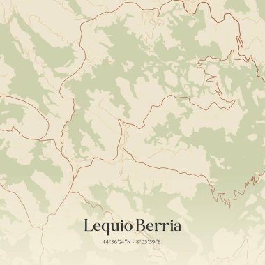 İtalya, Piemonte 'de bulunan Lequio Berria' nın klasik duvar sanat haritası. Ormanlar, yollar, şehirler, göller ve nehirlerle ilgili hava planı.
