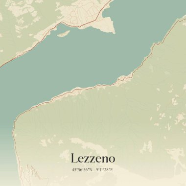 Lezzeno 'nun klasik duvar sanat haritası, Lombardia, İtalya' da. Ormanlar, yollar, şehirler, göller ve nehirlerle ilgili hava planı.
