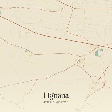 İtalya, Piemonte 'de bulunan Lignana' nın klasik duvar sanat haritası. Ormanlar, yollar, şehirler, göller ve nehirlerle ilgili hava planı.