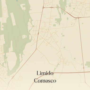 Lombardia, İtalya 'da bulunan Limido Comasco' nun klasik duvar sanat haritası. Ormanlar, yollar, şehirler, göller ve nehirlerle ilgili hava planı.