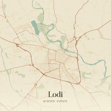 Vintage wall art map of Lodi, located in Lombardia, Italy. Aerial plan with forests, roads, cities, lakes and rivers. clipart