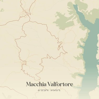 Vintage wall art map of Macchia Valfortore, located in Molise, Italy. Aerial plan with forests, roads, cities, lakes and rivers. clipart