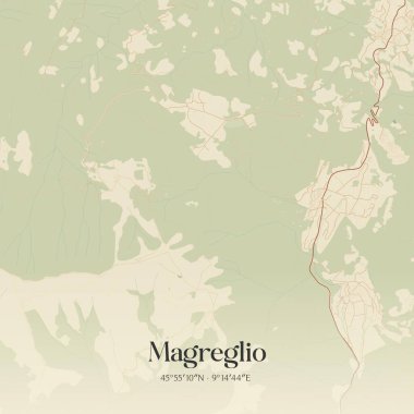 Lombardia, İtalya 'da bulunan Magreglio' nun klasik duvar sanat haritası. Ormanlar, yollar, şehirler, göller ve nehirlerle ilgili hava planı.