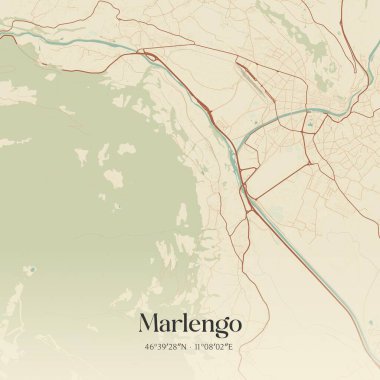 İtalya 'nın Trentino-Alto Adige kentinde bulunan Marlengo' nun klasik duvar sanat haritası. Ormanlar, yollar, şehirler, göller ve nehirlerle ilgili hava planı.