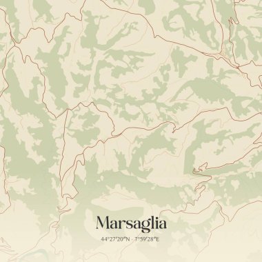 Piemonte, İtalya 'da bulunan Marsaglia' nın klasik duvar sanat haritası. Ormanlar, yollar, şehirler, göller ve nehirlerle ilgili hava planı.