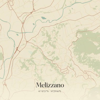 Melizzano 'nun klasik duvar haritası, Campania, İtalya' da. Ormanlar, yollar, şehirler, göller ve nehirlerle ilgili hava planı.