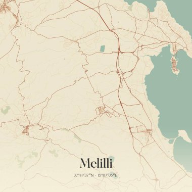 Melilli 'nin klasik duvar haritası, Sicilya, İtalya' da. Ormanlar, yollar, şehirler, göller ve nehirlerle ilgili hava planı.