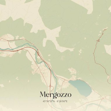 İtalya, Piemonte 'de bulunan Mergozzo' nun klasik duvar sanat haritası. Ormanlar, yollar, şehirler, göller ve nehirlerle ilgili hava planı.