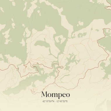 Vintage wall art map of Mompeo, located in Lazio, Italy. Aerial plan with forests, roads, cities, lakes and rivers. clipart