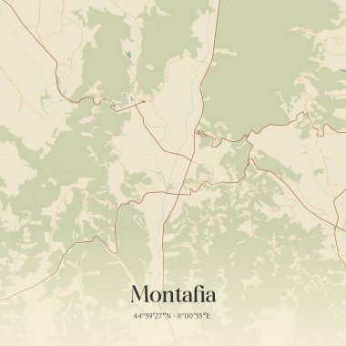 Montafia 'nın klasik duvar sanat haritası, Piemonte, İtalya' da. Ormanlar, yollar, şehirler, göller ve nehirlerle ilgili hava planı.