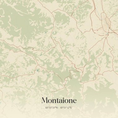 Montaione 'nin klasik duvar sanat haritası, Toscana, İtalya' da. Ormanlar, yollar, şehirler, göller ve nehirlerle ilgili hava planı.