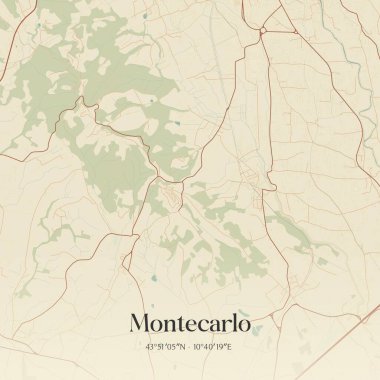 Montecarlo 'nun klasik duvar haritası, Toscana, İtalya' da. Ormanlar, yollar, şehirler, göller ve nehirlerle ilgili hava planı.
