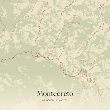 Montecreto 'nun Emilia-Romagna, İtalya' daki klasik duvar sanat haritası. Ormanlar, yollar, şehirler, göller ve nehirlerle ilgili hava planı.