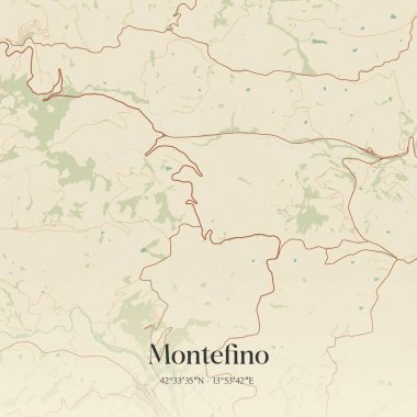 İtalya, Abruzzo 'da bulunan Montefino' nun klasik duvar sanat haritası. Ormanlar, yollar, şehirler, göller ve nehirlerle ilgili hava planı.