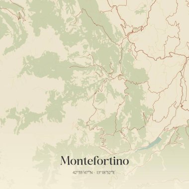 Montefortino 'nun klasik duvar haritası, İtalya' nın Marche şehrinde. Ormanlar, yollar, şehirler, göller ve nehirlerle ilgili hava planı.