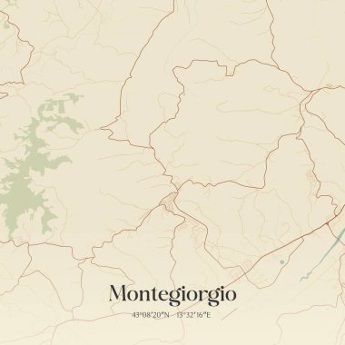 Montegiorgio 'nun klasik duvar sanat haritası, İtalya' nın Marche şehrinde. Ormanlar, yollar, şehirler, göller ve nehirlerle ilgili hava planı.