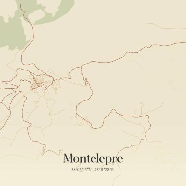 Montelepre 'nin klasik duvar haritası, Sicilya, İtalya' da. Ormanlar, yollar, şehirler, göller ve nehirlerle ilgili hava planı.