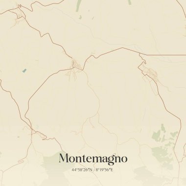 Montemagno 'nun klasik duvar haritası, İtalya, Piemonte' de. Ormanlar, yollar, şehirler, göller ve nehirlerle ilgili hava planı.