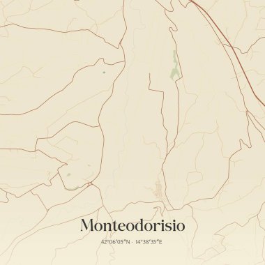 Monteodorisio 'nun klasik duvar haritası, İtalya' nın Abruzzo şehrinde. Ormanlar, yollar, şehirler, göller ve nehirlerle ilgili hava planı.