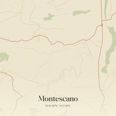 Montescano 'nun klasik duvar haritası, Lombardia, İtalya' da. Ormanlar, yollar, şehirler, göller ve nehirlerle ilgili hava planı.