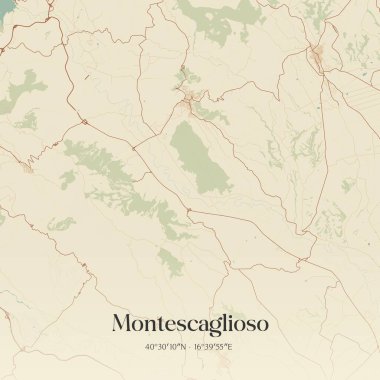 Montescaglioso 'nun klasik duvar sanat haritası, Basilicata, İtalya' da bulunuyor. Ormanlar, yollar, şehirler, göller ve nehirlerle ilgili hava planı.