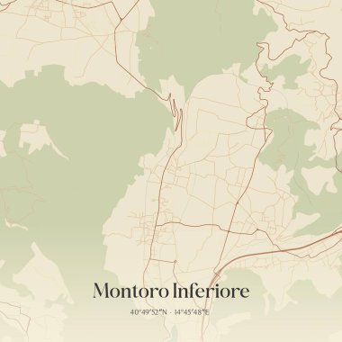 İtalya, Campania 'da bulunan Montoro Inferiore' un klasik duvar sanat haritası. Ormanlar, yollar, şehirler, göller ve nehirlerle ilgili hava planı.