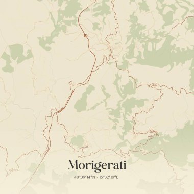 Morigerati 'nin klasik duvar haritası, Campania, İtalya' da. Ormanlar, yollar, şehirler, göller ve nehirlerle ilgili hava planı.