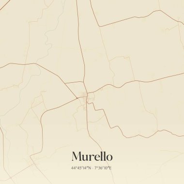 Piemonte, İtalya 'da bulunan Murello' nun klasik duvar sanat haritası. Ormanlar, yollar, şehirler, göller ve nehirlerle ilgili hava planı.