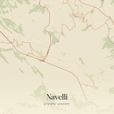 İtalya, Abruzzo 'da bulunan Navelli' nin klasik duvar sanat haritası. Ormanlar, yollar, şehirler, göller ve nehirlerle ilgili hava planı.