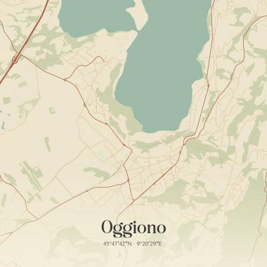 Lombardia, İtalya 'da bulunan Oggiono' nun klasik duvar sanat haritası. Ormanlar, yollar, şehirler, göller ve nehirlerle ilgili hava planı.