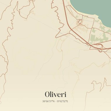 Oliveri 'nin klasik duvar sanat haritası, Sicilya, İtalya' da. Ormanlar, yollar, şehirler, göller ve nehirlerle ilgili hava planı.