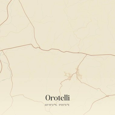 İtalya, Sardegna 'da bulunan Orotelli' nin klasik duvar sanat haritası. Ormanlar, yollar, şehirler, göller ve nehirlerle ilgili hava planı.