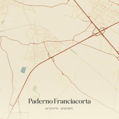 Vintage wall art map of Paderno Franciacorta, located in Lombardia, Italy. Aerial plan with forests, roads, cities, lakes and rivers. clipart