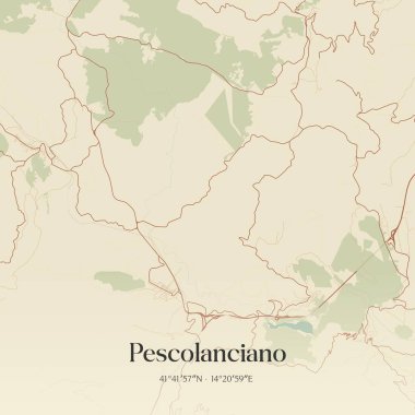 İtalya 'nın Molise kentinde bulunan Pescolanciano' nun klasik duvar sanat haritası. Ormanlar, yollar, şehirler, göller ve nehirlerle ilgili hava planı.