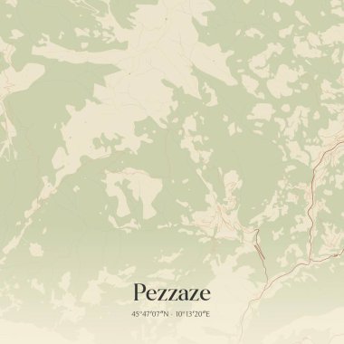 Lombardia, İtalya 'da bulunan Pezzaze' in klasik duvar sanat haritası. Ormanlar, yollar, şehirler, göller ve nehirlerle ilgili hava planı.