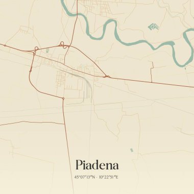 Piadena 'nın klasik duvar haritası, Lombardia, İtalya' da. Ormanlar, yollar, şehirler, göller ve nehirlerle ilgili hava planı.