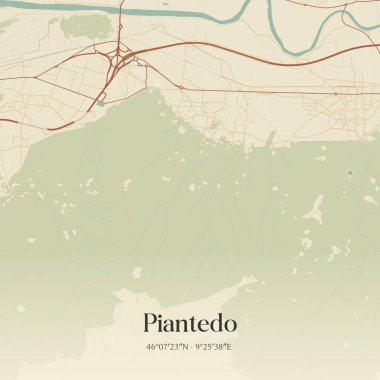 Vintage wall art map of Piantedo, located in Lombardia, Italy. Aerial plan with forests, roads, cities, lakes and rivers. clipart