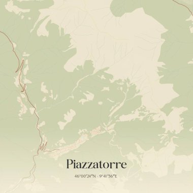 Piazzatorre 'nin klasik duvar haritası, Lombardia, İtalya' da. Ormanlar, yollar, şehirler, göller ve nehirlerle ilgili hava planı.