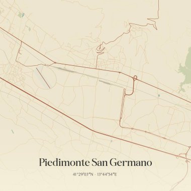 Vintage wall art map of Piedimonte San Germano, located in Lazio, Italy. Aerial plan with forests, roads, cities, lakes and rivers. clipart