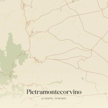 İtalya, Apulia 'da bulunan Pietramontecorvino' nun klasik duvar sanat haritası. Ormanlar, yollar, şehirler, göller ve nehirlerle ilgili hava planı.