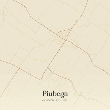 Piubega 'nın klasik duvar sanat haritası, Lombardia, İtalya' da. Ormanlar, yollar, şehirler, göller ve nehirlerle ilgili hava planı.